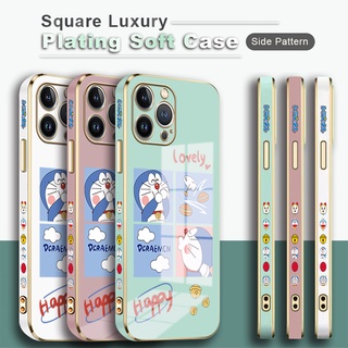 สําหรับ OPPO A16 A54 A73 A93 2020 2021 4G เคสโทรศัพท์รูปแบบด้านข้างพิมพ์ (จูบโดเรม่อน) สแควร์ชุบเคสแบบหรูหรากรอบชุบ Soft TPU ปลอกเลนส์ป้องกันกันตกเคสมือถือ