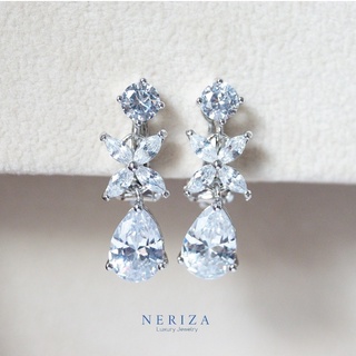 Neriza Jewelry/ต่างหูเพชรระย้าประกายไฟเทียบเท่าเพชรแท้ เครื่องประดับเจ้าสาว จัดส่งฟรีพร้อมกล่องNE138