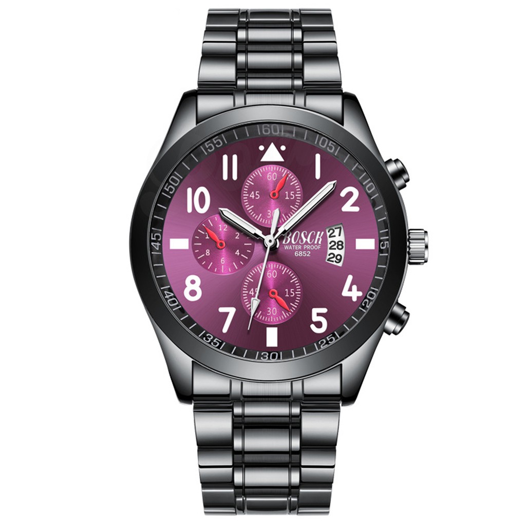 Bosck Man 6852 นาฬิกาข้อมือ ผู้ชาย สายเหล็ก แฟชั่น สายสแตนเลสดำ หน้าปัดดำมีวันที่ กันน้ำได้ รุ่น Bos