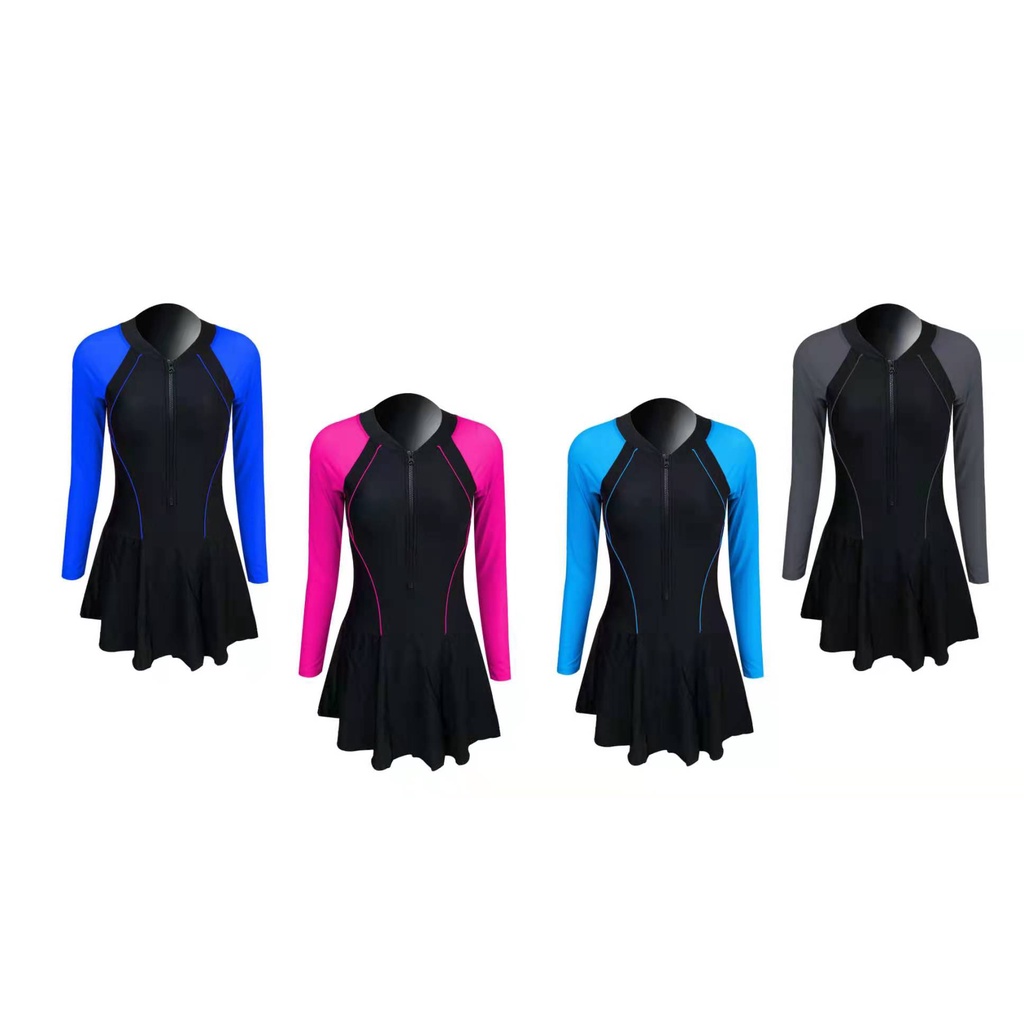 ชุดว่ายน้ำผู้หญิง แขนยาวกระโปรงชิ้นเดียว มีฟองน้ำ รุ่น.39072สินค้าพร้อมส่งจากไทย