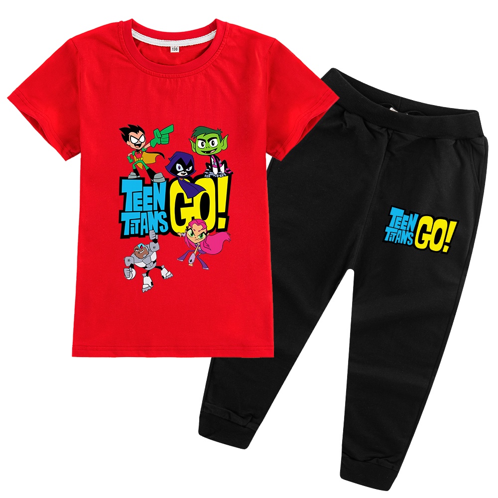 Teen Titans Go Kids เสื้อยืด + กางเกง 2 ชิ้นเด็กชายและเด็กหญิงแขนสั้นชุดการ์ตูนฤดูร้อนชุด 3-15Y