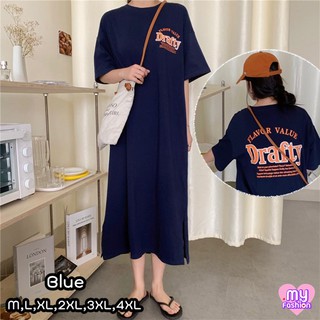 🎴MYF มาใหม่🎴ชุดเดรสยาวทรงตรงสีน้ำเงิน สกรีนลาย Drafty หน้าหลัง มีไซส์