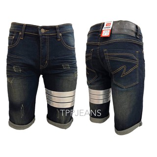 TPPJEANS Mens Shorts Denim กางเกงยีนส์ขาสั้นชายผ้ายืด ทรงสลิมสีบลูฟอกสนิมแถบหนังเงิน ทรงสวย Size 28-36 รับชำระปลายทาง