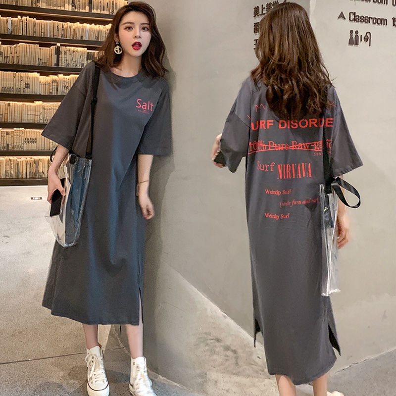 พร้อมส่ง ชุดคลุมท้อง,เดรสไซส์ใหญ่,หลวมและสบาย,เสื้อยืดยาวปานกลาง,คนอ้วน,ชุดคลุมท้องแฟชั่นน่ารัก