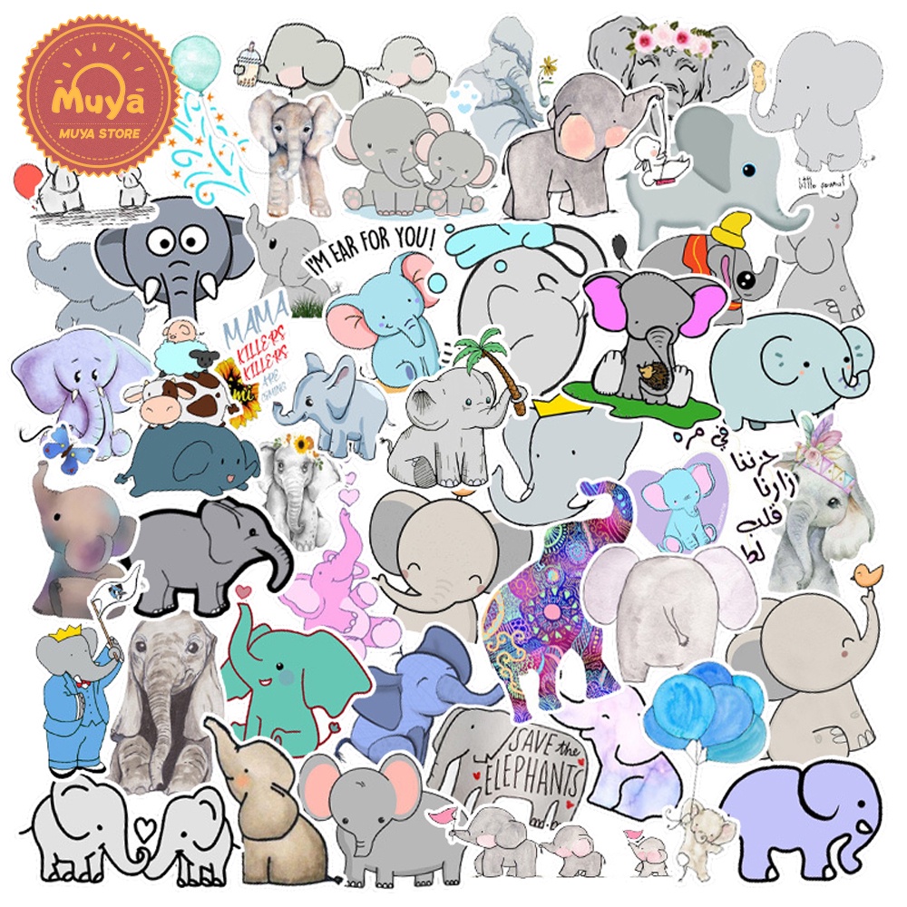 Muya สติกเกอร์ไวนิล ลายช้างน่ารัก กันน้ํา สําหรับติดตกแต่งขวดน้ํา แล็ปท็อป 50 ชิ้น