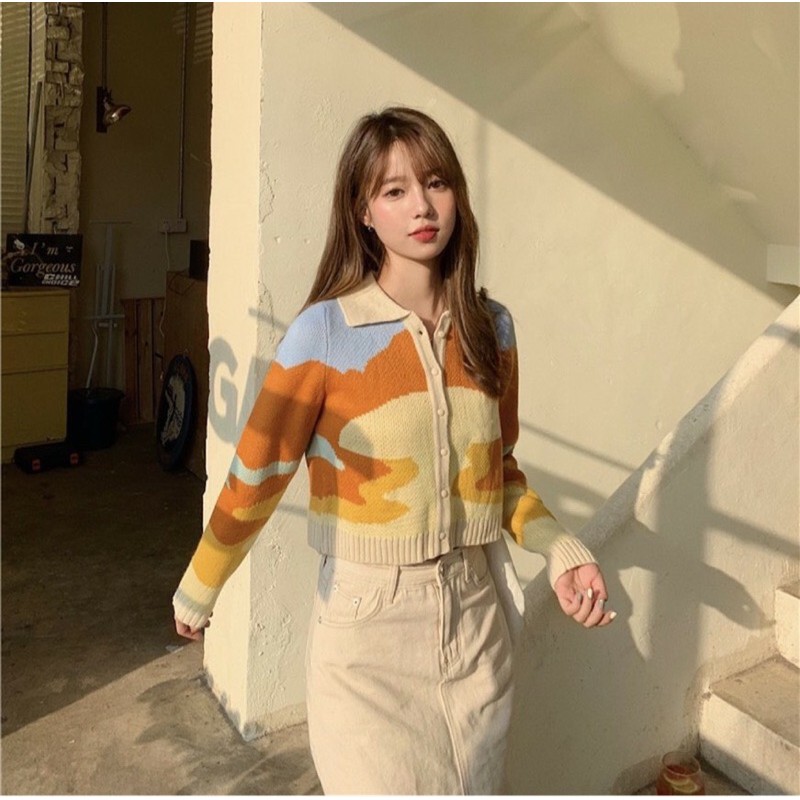 spinnyhouse  สเวตเตอร์ แม่มะปราง เสื้อไหมพรมคาดิแกนคอปกแขนยาวลายพาสเทลน่ารักรุ่น Cdgคลื่น qLti