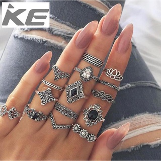 Jewelry 15 Piece Rings Trendy Hollow Lotus Sunflower Geometric Black Gemstone Set Ring for gir