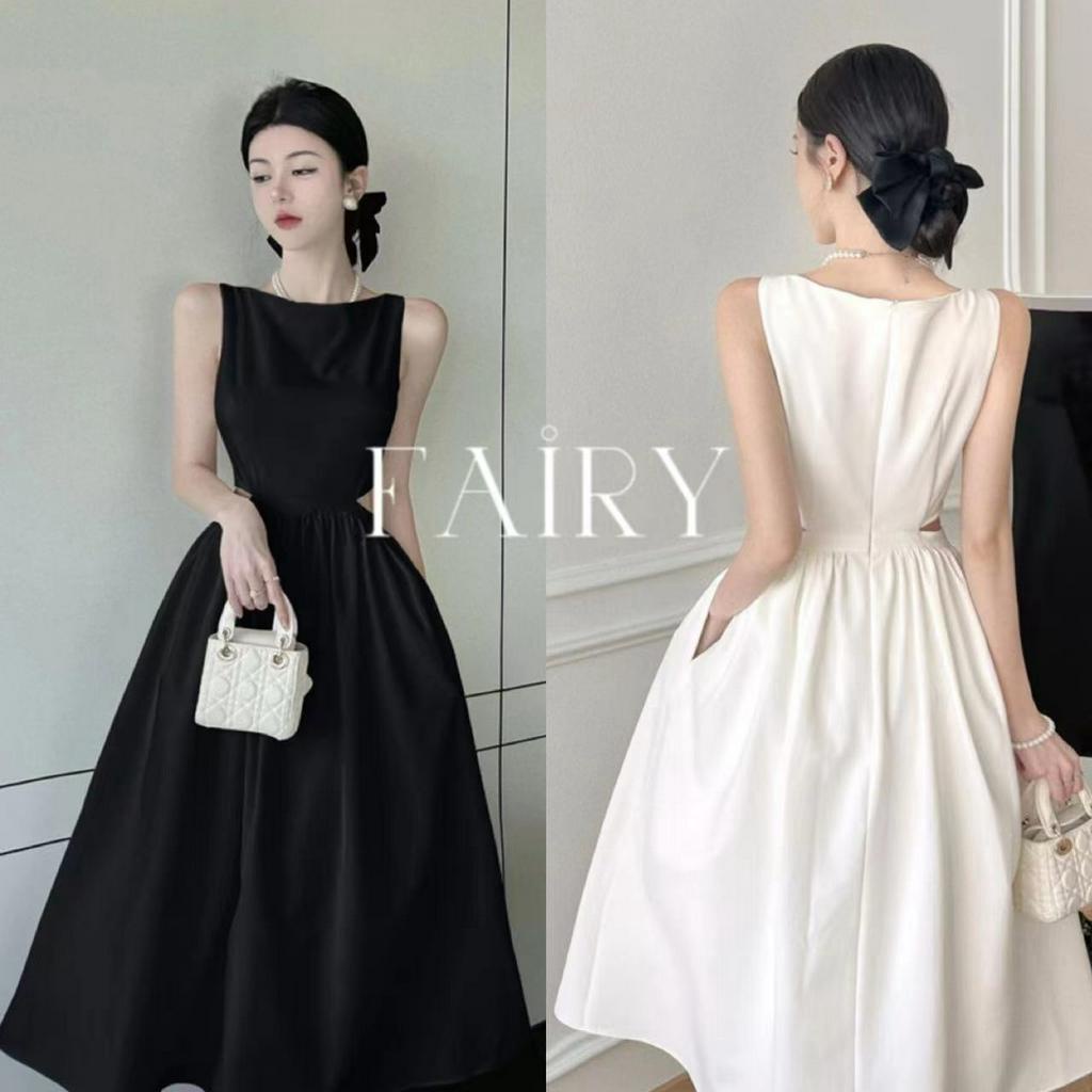 Fairy ชุดเดรสยาว ผ้าเดรป สีดํา สไตล์ฝรั่งเศส แฟชั่นเฮปเบิร์น ระดับไฮเอนด์ สําหรับผู้หญิง