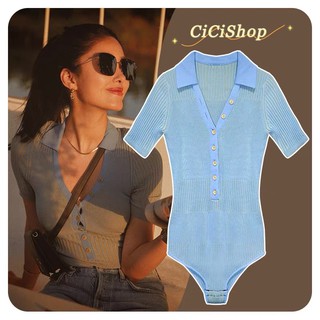 Cicishop(A606)บอดี้สูทคอปกผ้าไหมพรมknit ดีเทลกระดุมผ่ากลาง เนื้อผ้าดียืดใส่สบาย