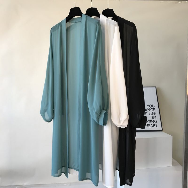 เสื้อคาร์ดิแกน ผ้าชีฟอง ทรงยาว แบบเข้ารูป แบบเรียบง่าย แฟชั่นฤดูร้อน สําหรับผู้หญิง