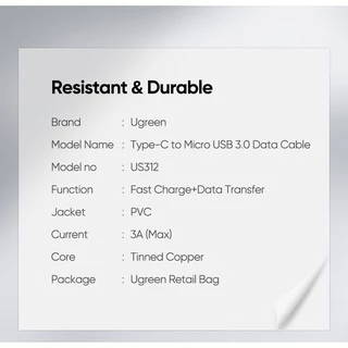 Ugreen สายชาร์จ เเละ ซิงค์ข้อมูล จาก USB Type C เป็น Micro USB 3.0