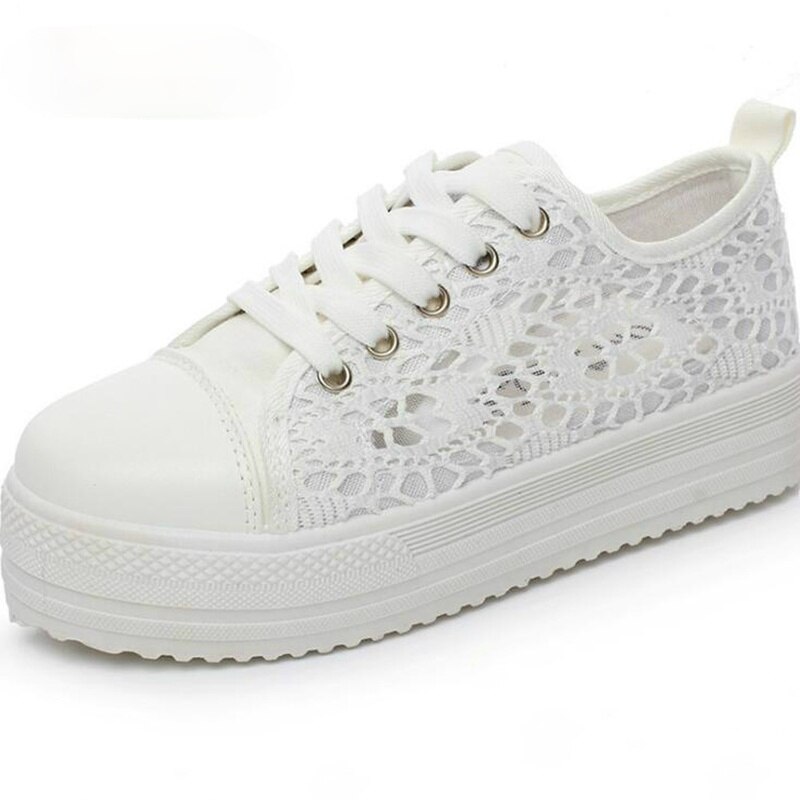 Summer Women Shoes Casual Cutouts Lace Canvas Shoes Hollow Floral Breathable Platform Flat 7679