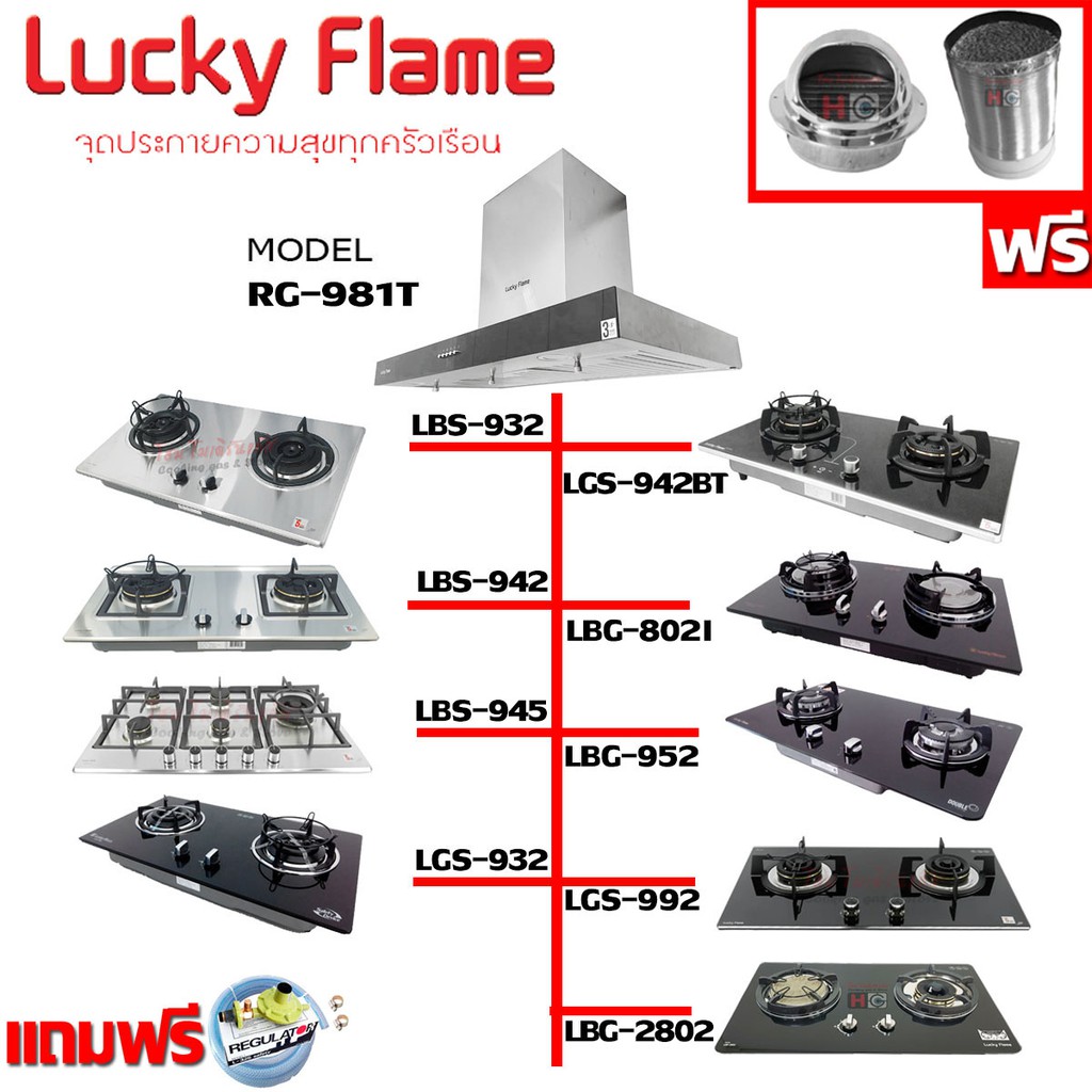 เครื่้องดูดควัน Lucky Flame รุ่น RG-981T ซื้อคู่ เตาแก๊สฝัง Lucky Flame(ฟรีชุดหัวปรับแก๊ส SAFETY,ท่อเฟค,หน้ากากกันแมลง)
