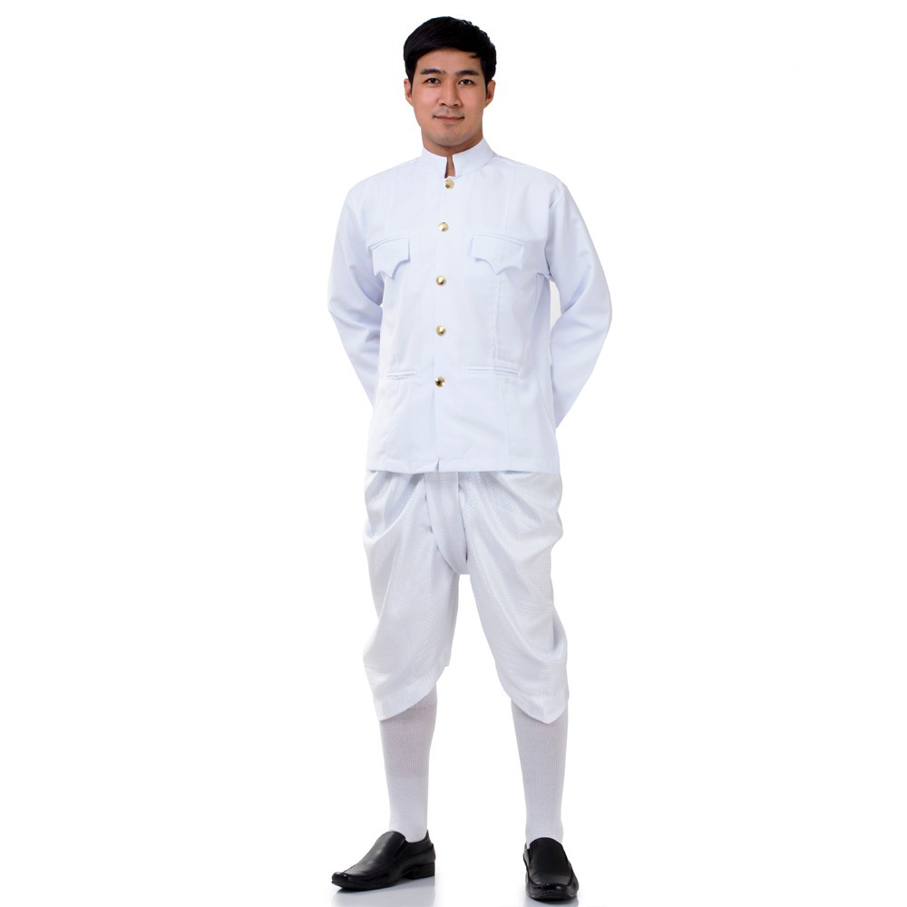 ชุดไทยราชปะแตนชายเซ็ตเสื้อราชปะแตนสีขาวผ้าโซล่อนและโจงกระเบนผ้าไหมเทียมสีขาว