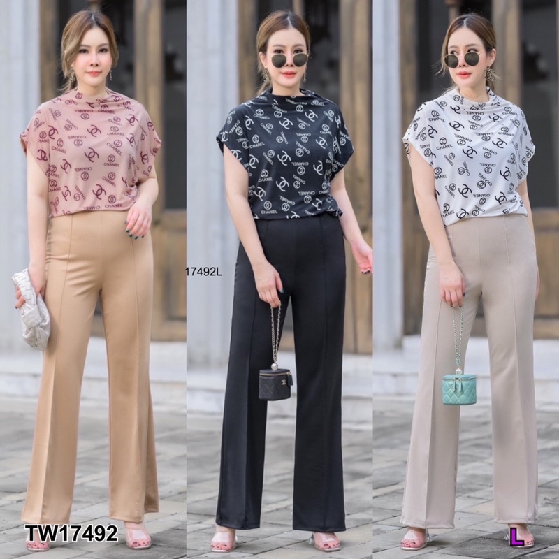 Set #สาวอวบ 2 ชิ้น  เซทเสื้อ กับ กางเกงขาม้า เสื้อไหล่ล้ำ เนื้อผ้าเรย่อน พิมพ์ลาย เนื้อดี กางเกงขายา