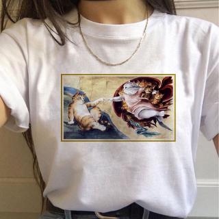 Michelangelo Van Gogh Cat เสื้อยืดลําลอง แขนสั้น พิมพ์ลาย Mona Lisa น่ารัก สไตล์ฮาราจูกุ สําหรับผู้หญิง