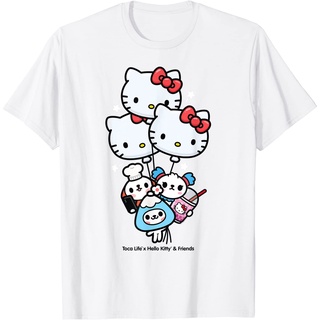 เสื้อยืดผ้าฝ้ายพรีเมี่ยม เสื้อยืด พิมพ์ลาย Toca Life x Hello Kitty &amp; Friends BALLOONS