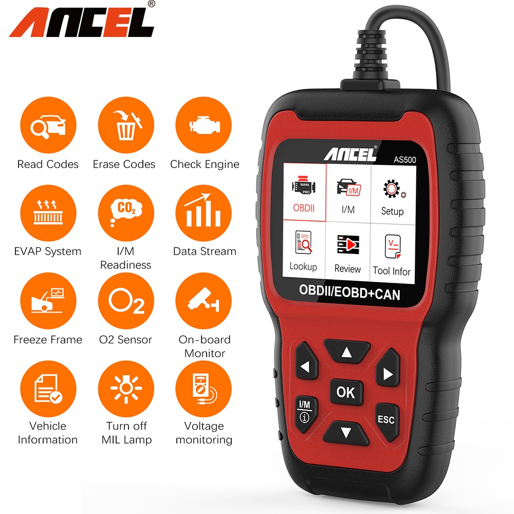 Ancel AS500 OBD2 Scanner เครื่องมือวินิจฉัยรถยนต์ เครื่องอ่านโค้ดรถยนต์ เช็คเครื่องยนต์ ลบโค้ดผิด ทดสอบแบตเตอรี่