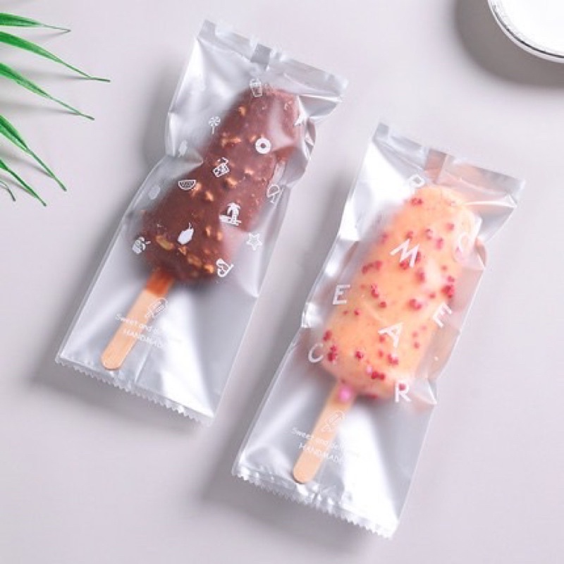 ถุงไอติมแท่งลายตัวอักษร 3 ลวดลายใน 1 แพค แพคละ 100 ใบ ถุงซีลใส่ไอติม 8*19cm. ถุงไอศครีมแท่ง Icecream