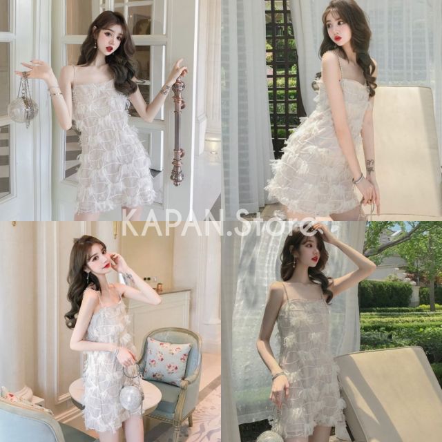 KAPAN พร้อมส่ง เดรสสายเดี่ยว ผ้าNylon แต่งริ้ว สีขาวครีม ฟรีไซส์ เดรสออกงาน เดรสน่ารัก KP117