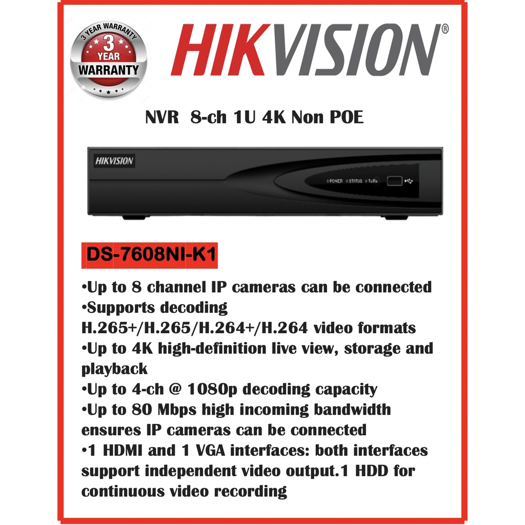 NVR HIKVISION 8CH รุ่น DS-7608NI-K1(B) NVR  8-ch 1U 8 PoE 4K รุ่นนี้ไม่มี POE  ของดี ของแท้ 100% รับ