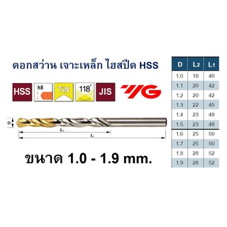 YG ดอกสว่านเจาะเหล็ก ไฮสปีด HSS (สีทอง) 1.0-1.9 mm.