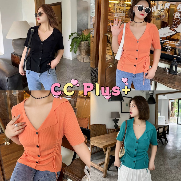 CiCi Plus+(2810)เสื้อไหมพรมแขนสั้น กระดุมหน้า น่ารักสไตล์เกาหลีเสื้อผ้าสาวอวบอ้วน พลัสไซส์