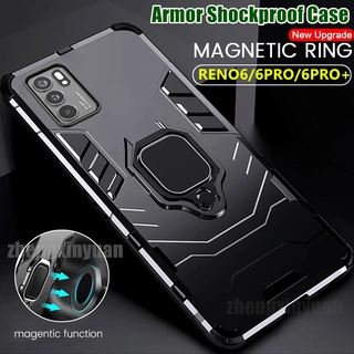 Shockproof Armor Case เคสมือถือกันกระแทกรถที่วางแหวนแม่เหล็ก OPPO RENO6  RENO 6 5G RENO6ProPlus RENO 6PRO RENO 6 PRO+ พลาสติกแข็ง + ซิลิโคนอ่อน TPU เคสโทรศัพท์ Stand Holder Car Ring Phone Case Cover