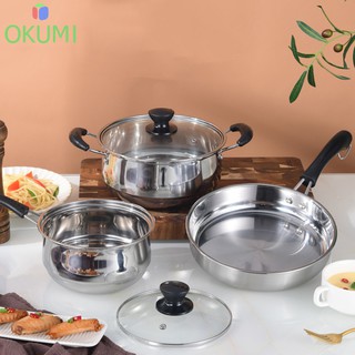 OKUMI_SHOP 1เซ็ต 3 ใบ ชุดกระทะและหม้อ พร้อมฝาแก้ว สินค้าทำจากสแตนเลส ร้อนเร็ว สามารถใช้กับเตาแม่เหล็กไฟฟ้า และเตาทั่วไป