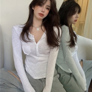 เสื้อยืดแขนยาว คอวี ผ้าถัก แบบบาง เข้ารูป สีขาว สําหรับผู้หญิง