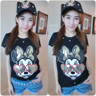 TwinsShopVip💗พร้อมส่ง TW11777 Set 2ชิ้น หมวก+ เสื้อยืดติดเลื่อม ลายการ์ตนมินนี่