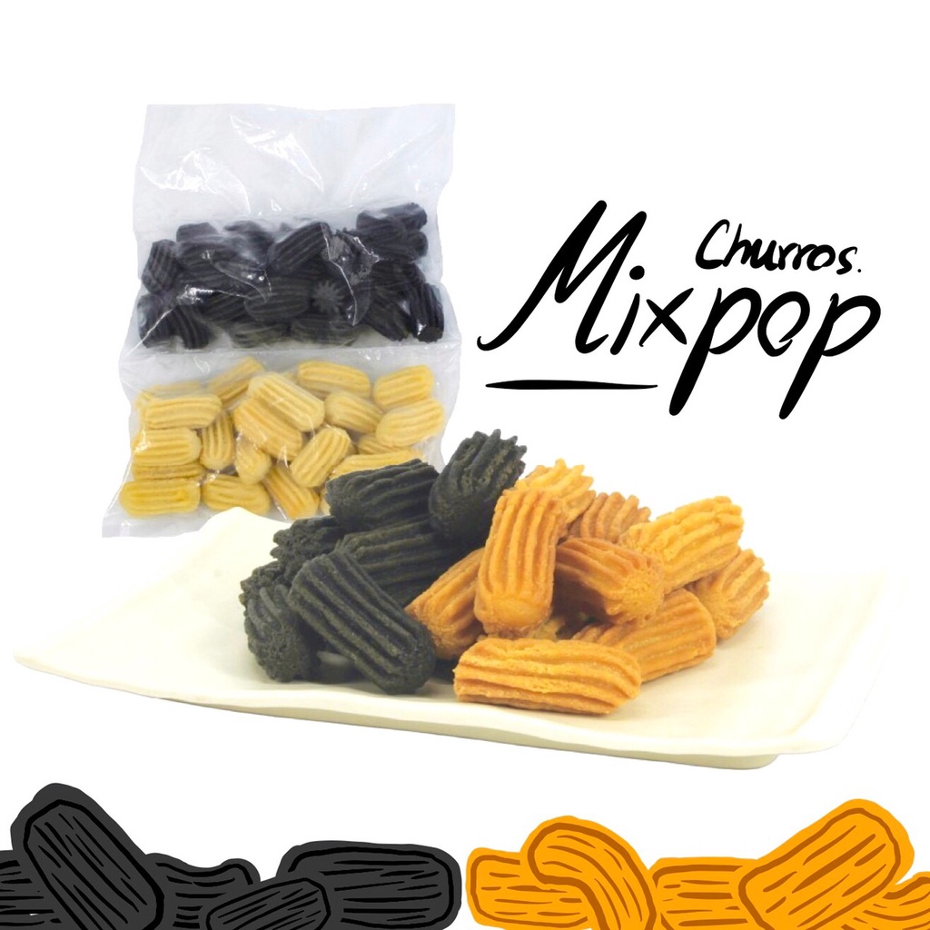 CHURROS MIX POP(รวมมิตรป็อบ) บรรจุ 50 ชิ้น (มีป็อบ 25 ชิ้น & ป็อบชาโคล 25 ชิ้น)