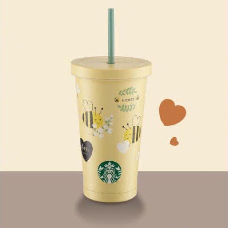 Starbucks แก้วน้ําสเตนเลส ลายผึ้ง ซากุระ สีเหลือง พร้อมฝาปิดอัจฉริยะ 2021