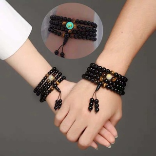 6/8mm Retro Couple Elastic Obsidian Bracelet Multilayer Prayer Dragon Pattern Luminous Bracelets for Jewelry Gift