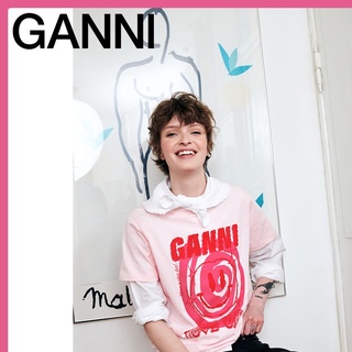 Ganni เสื้อยืดคอกลม แขนสั้น พิมพ์ลายดอกซากุระ หน้ายิ้ม สําหรับผู้หญิง