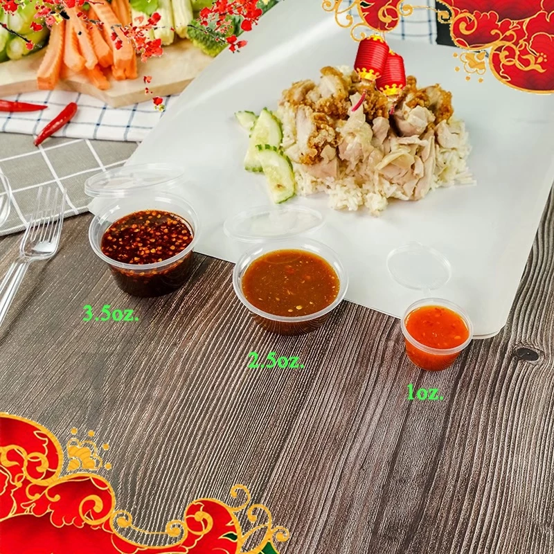 P 1oz/2.5oz/1.5oz/3.5oz (แพ็ค 50 ใบ)ถ้วยพลาสติกใส่น้ำจิ้ม แบบถ้วยกลม พร้อมฝา