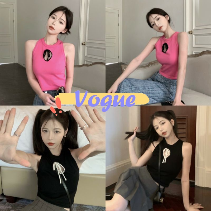 Vogue🌟พร้อมส่ง🌟  เสื้อกล้ามแขนกุดไหมพรม ดีเทล เว้าหน้าอกเก๋น่ารัก (7646) -N