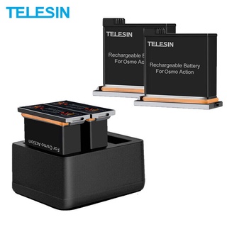 TELESIN 2PACK 1300mAh แบตเตอรี่และ 3 สล็อต Fast Charger พร้อมสาย Type C สำหรับ DJI Osmo Action ชุดแบตเตอรี่