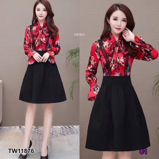 MM11876 เดรสคอผูกโบว์พิมลายดอกไม้ Floral print bow neck dress