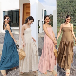 ชุดเดรสสายเดี่ยว ผ้าลินิน ทรงกระโปรงระบายเป็นชั้นๆ หน้าอกฟรีไซซ์ มียางยืดหลัง