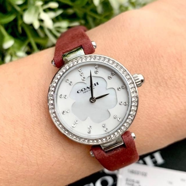 (ผ่อน0%) นาฬิกา Coach Women's Modern Luxury Watch Quartz Mineral Crystal 14503102 สายกำมะหยี่ สีแดง หน้าปัดขาวมุก 26 mm