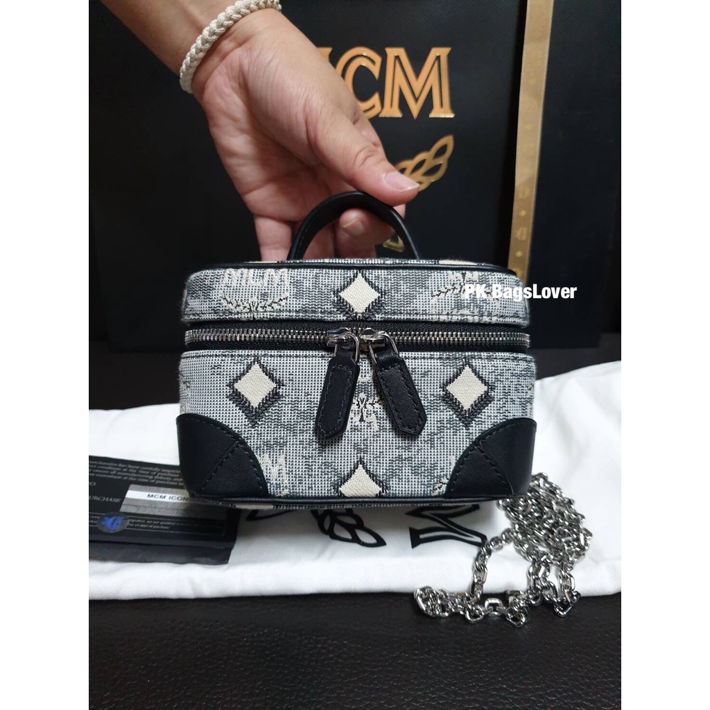 กระเป๋าสะพายข้าง MCM Jacquard Rockstar Vanity Case X-Mini ผ้าทอสีเทาดำ อะไหล่สีเงิน
