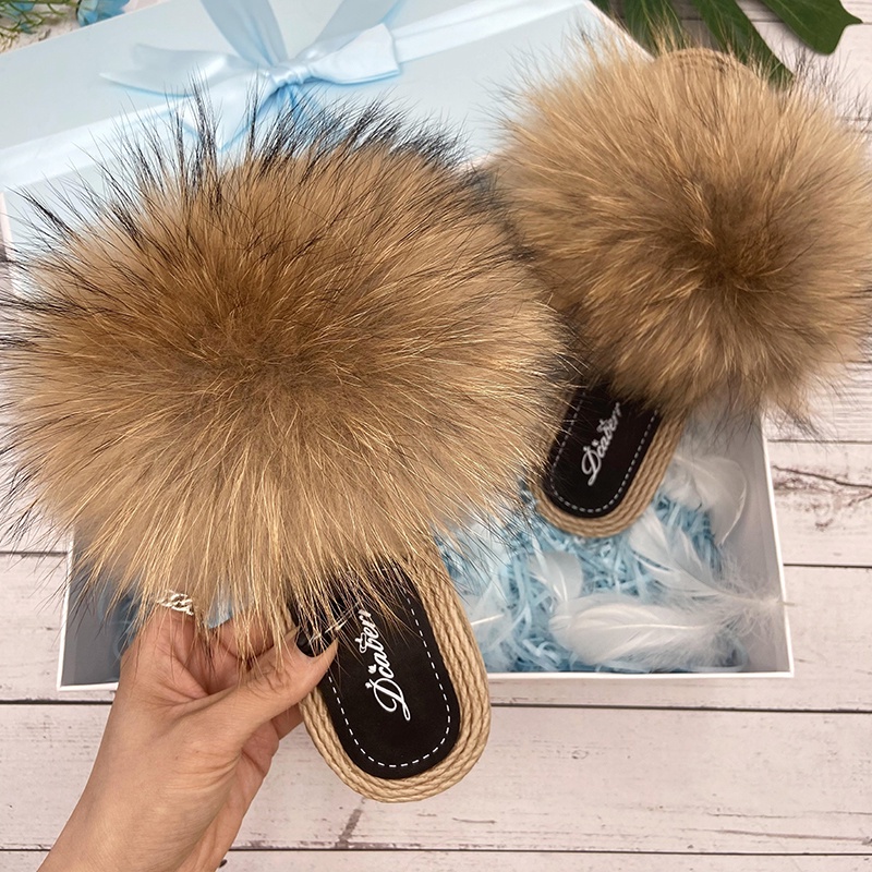 Real raccoon fur slippers hot sale