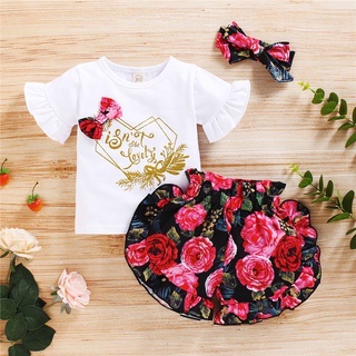 ชุดเซ็ตเด็กลายดอกไม้ เซ็ต 3 ชิ้น เสื้อ+กางเกง+โบว์คาดผม(พร้อมส่ง)