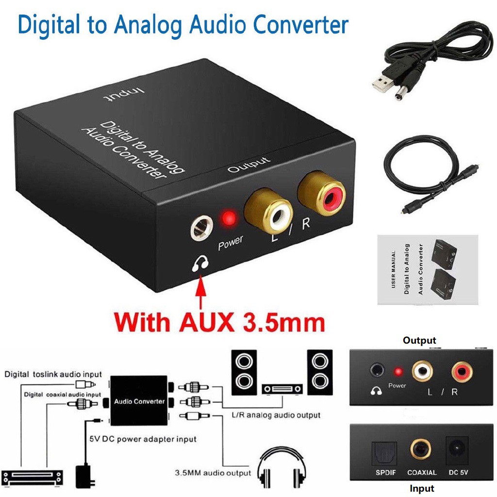 Digital to Analog Audio Converter Coaxial Optical Toslink สาย RCA 3.5 มม.AUX SPDIF RCA L/R สเตอริโอเ