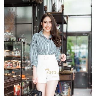 VA015 TARA Shirt เสื้อเชิ้ตคอปก ทรงไหล่สโลป  ลายทาง แขน5ส่วน ทรงน่ารักมาก ผ้าทอ ผ้าอย่างดี ใส่สบาย ไม่ร้อน ดีเทลเก๋ๆ