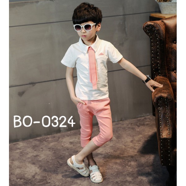 [เซ็ต 3 ชิ้น] ชุดเด็กผู้ชายออกงาน เสื้อคอปกแขนสั้นสีขาว + เนคไทด์ + กางเกงสีโอรส BO0324