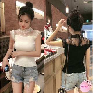 🎀Korean Fashion🎀เสื้อแขนกุดผ้าร่อง  ผ้ายืดได้เยอะ ด้านหลังเป็นซิปแต่งมุก แต่งลูกไม้ซีทรู