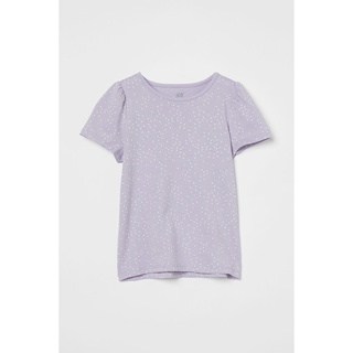 H&amp;M ชุดเด็ก เสื้อเด็กผู้หญิง เสื้อยืดแขนสั้นแบบแขนพอง สีม่วงอ่อน ลายหัวใจขาวจิ๋ว