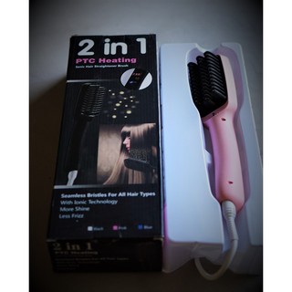 2 in 1 Heating Ionic Hair Straight หวีไฟฟ้า หวีรีดผมตรง หวีจัดแต่งทรงผม (สีชมพู)